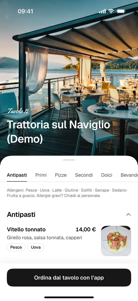 Menu del tavolo aperto nell’App Clip