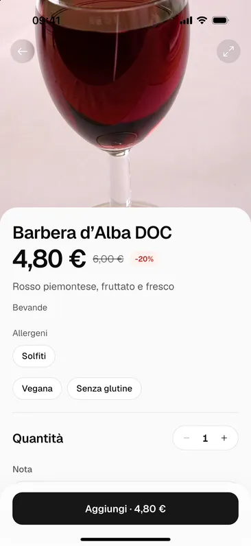 Scheda del piatto con foto, prezzo e allergeni