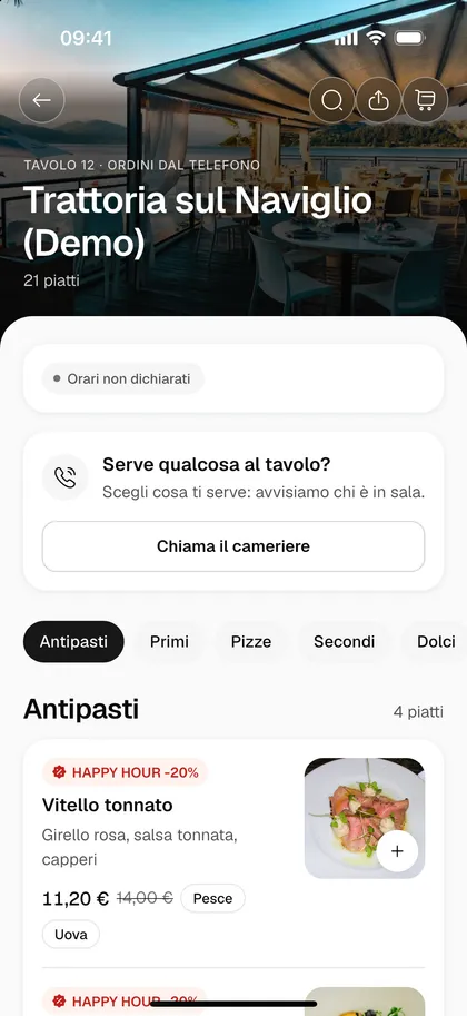 Menu del locale aperto dal QR Code su iPhone